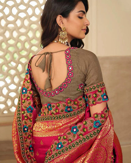 Rani Pink & Beige Silk Embroidered Wedding Saree