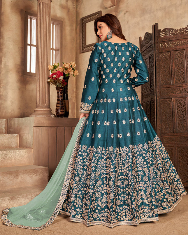 Adorable Peacock Blue Art Silk Embroidered Pant Kameez