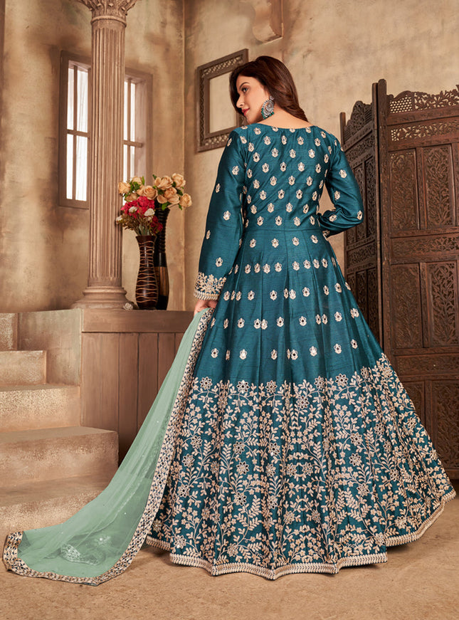 Adorable Peacock Blue Art Silk Embroidered Pant Kameez