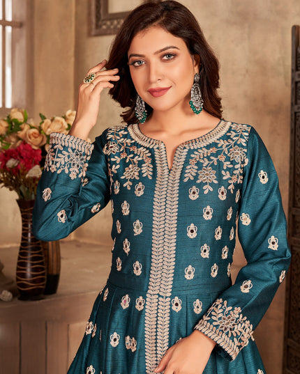 Adorable Peacock Blue Art Silk Embroidered Pant Kameez