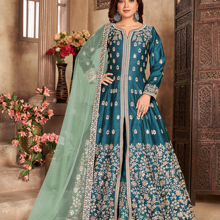 Adorable Peacock Blue Art Silk Embroidered Pant Kameez