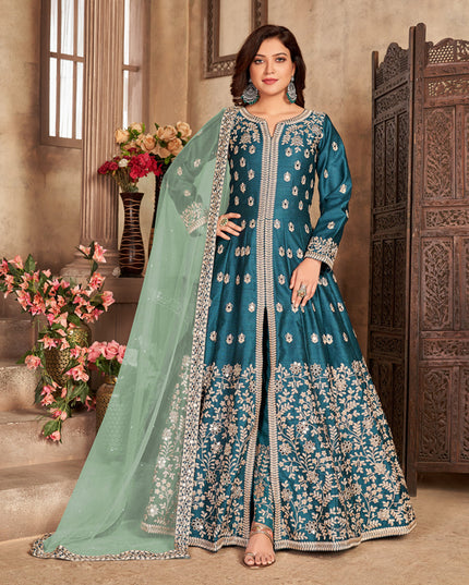 Adorable Peacock Blue Art Silk Embroidered Pant Kameez