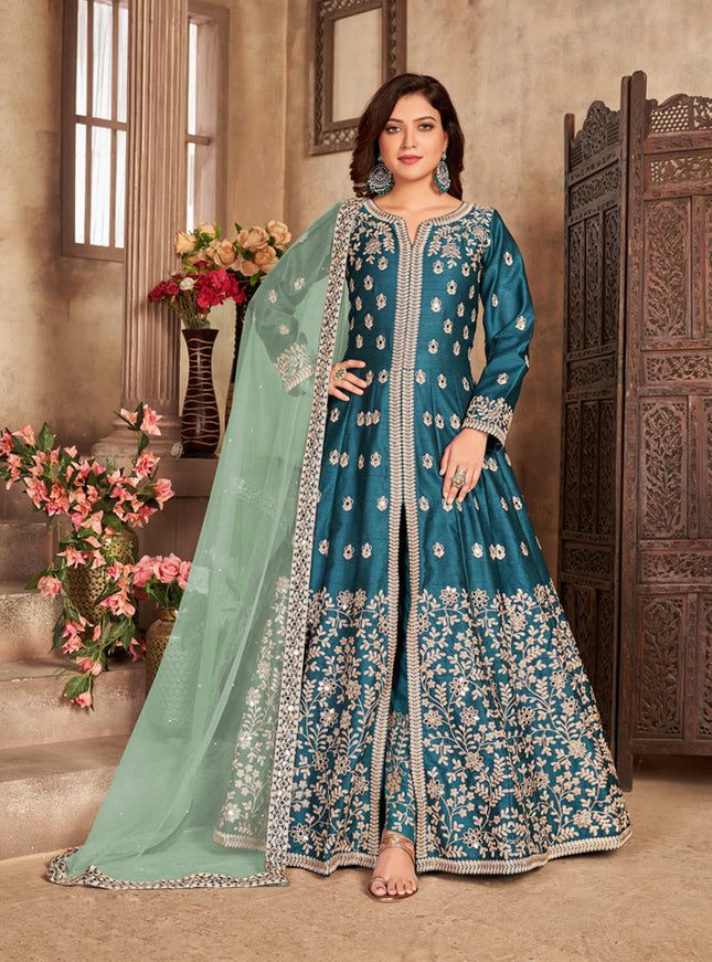 Adorable Peacock Blue Art Silk Embroidered Pant Kameez