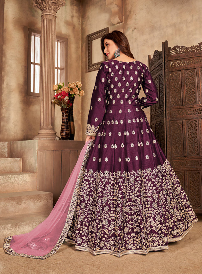 Beautiful Burgundy Art Silk Embroidered Pant Kameez