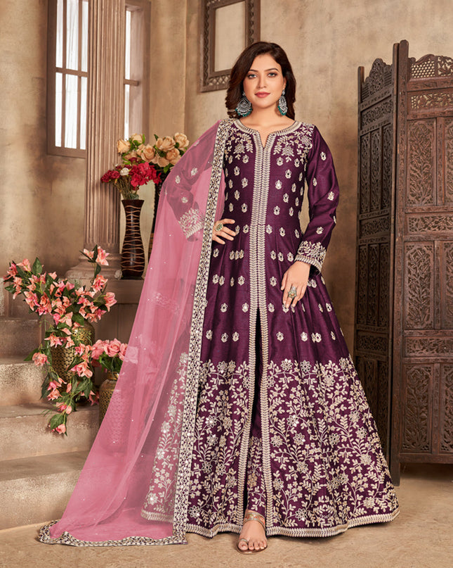 Beautiful Burgundy Art Silk Embroidered Pant Kameez