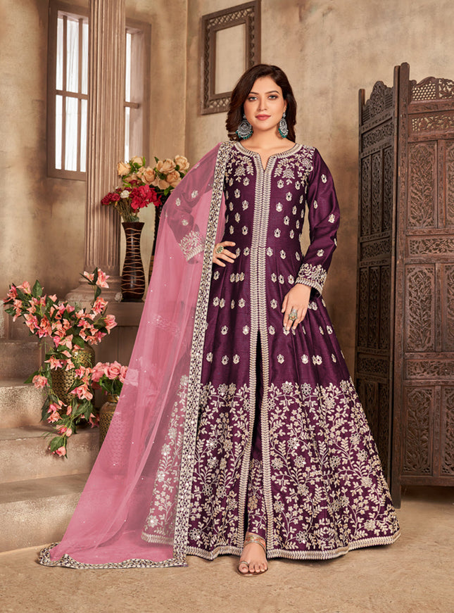 Beautiful Burgundy Art Silk Embroidered Pant Kameez