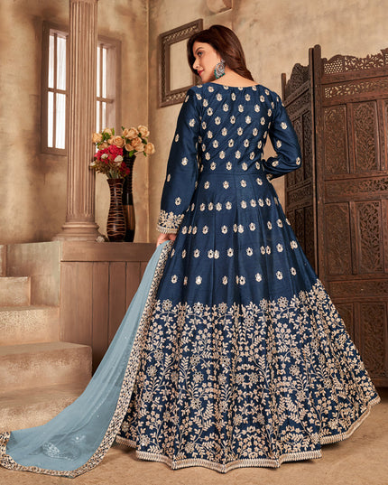 Sleek Navy Blue Art Silk Embroidered Pant Kameez