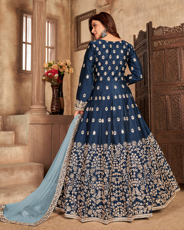 Sleek Navy Blue Art Silk Embroidered Pant Kameez