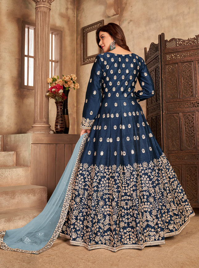 Sleek Navy Blue Art Silk Embroidered Pant Kameez