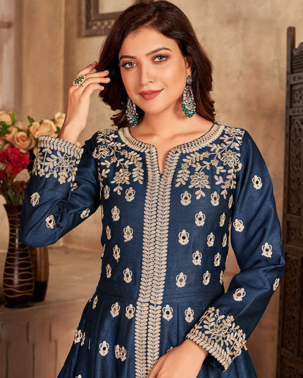 Sleek Navy Blue Art Silk Embroidered Pant Kameez
