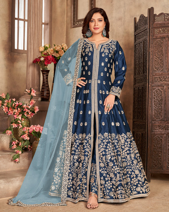 Sleek Navy Blue Art Silk Embroidered Pant Kameez