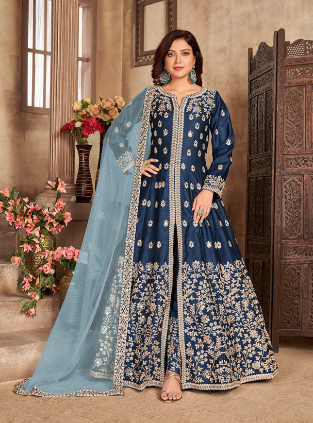 Sleek Navy Blue Art Silk Embroidered Pant Kameez