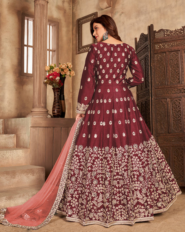 Sophisticated Maroon Art Silk Embroidered Pant Kameez