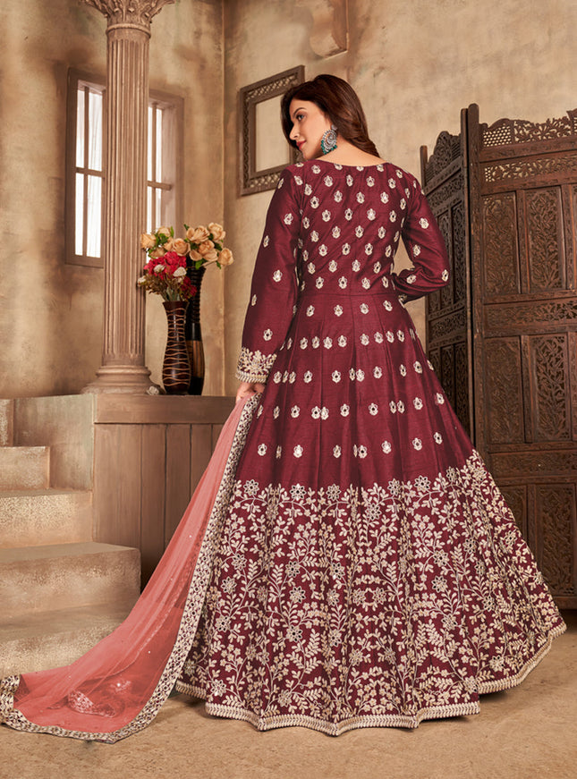 Sophisticated Maroon Art Silk Embroidered Pant Kameez