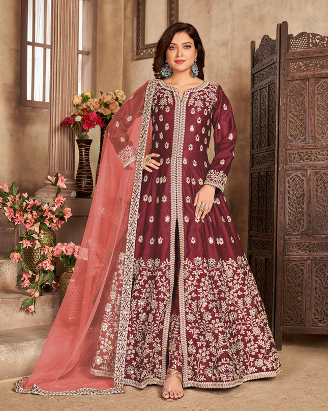 Sophisticated Maroon Art Silk Embroidered Pant Kameez