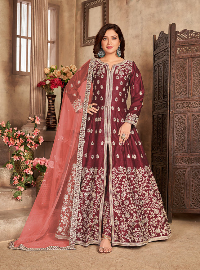 Sophisticated Maroon Art Silk Embroidered Pant Kameez