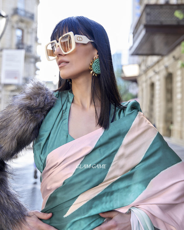 Off White Satin Crepe Printed Saree