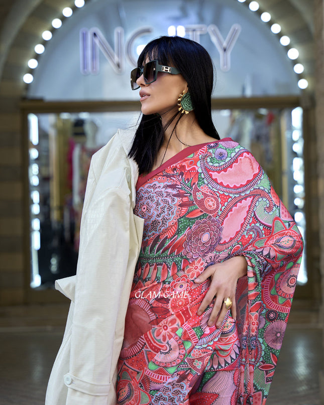 Pink Satin Crepe Printed Saree