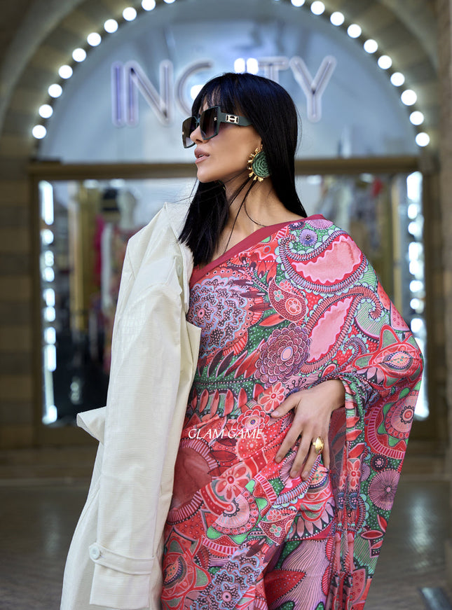 Pink Satin Crepe Printed Saree