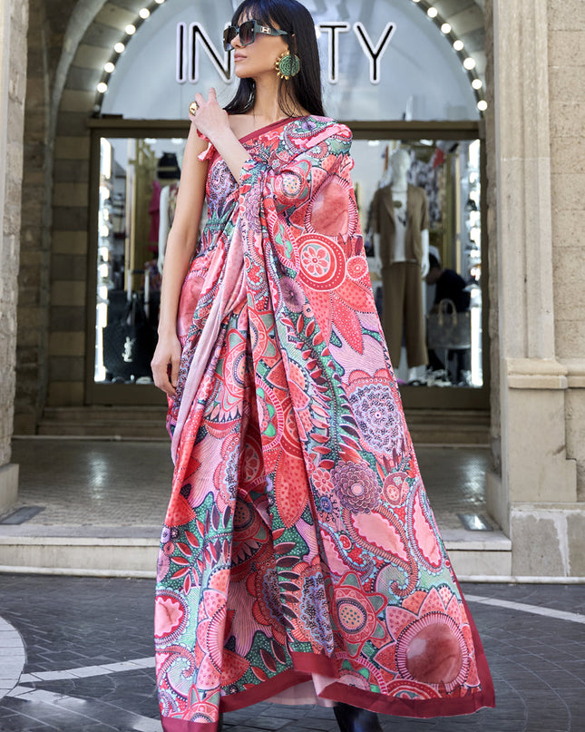 Pink Satin Crepe Printed Saree