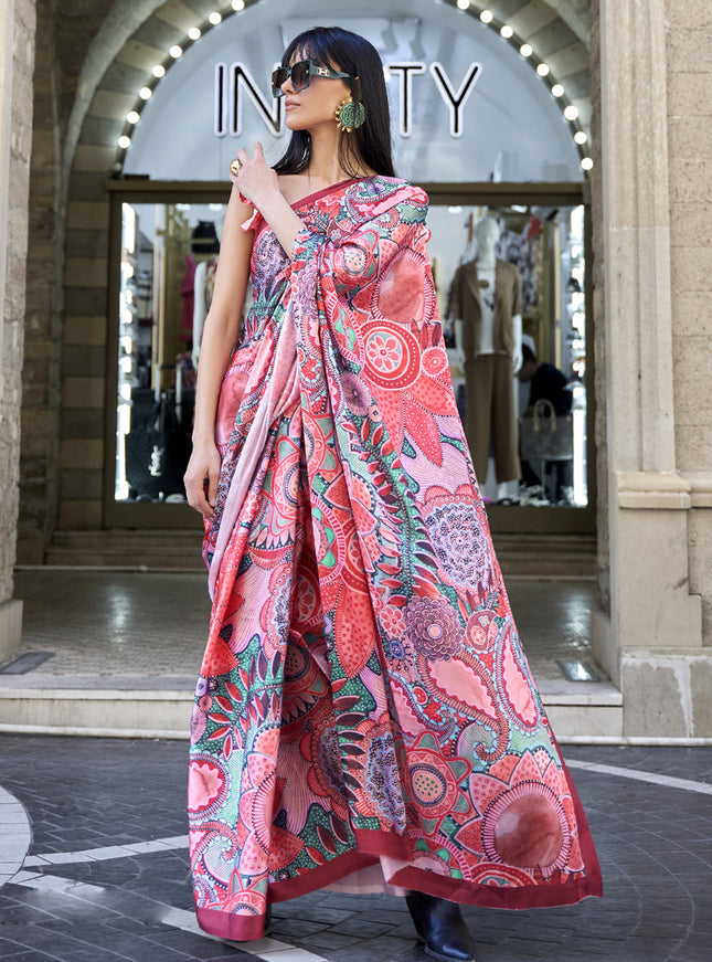 Pink Satin Crepe Printed Saree