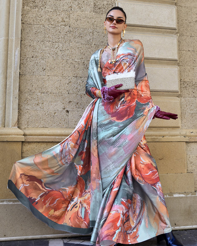 Grey Satin Crepe Printed Saree