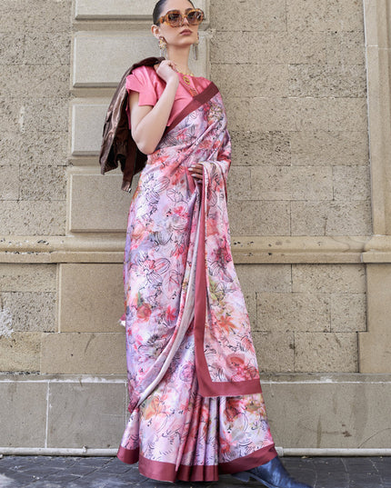 Pink Satin Crepe Printed Saree