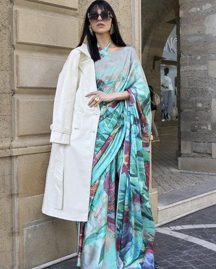 Turquoise Satin Crepe Printed Saree