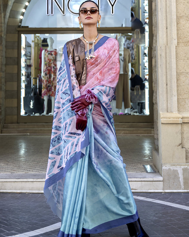 Sky Blue Satin Crepe Printed Saree