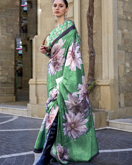 Green Satin Crepe Printed Saree