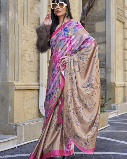 Beige Satin Crepe Printed Saree