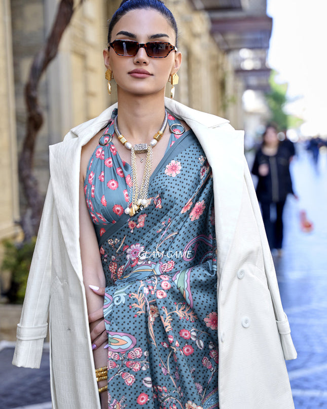 Stone Blue Satin Crepe Printed Saree