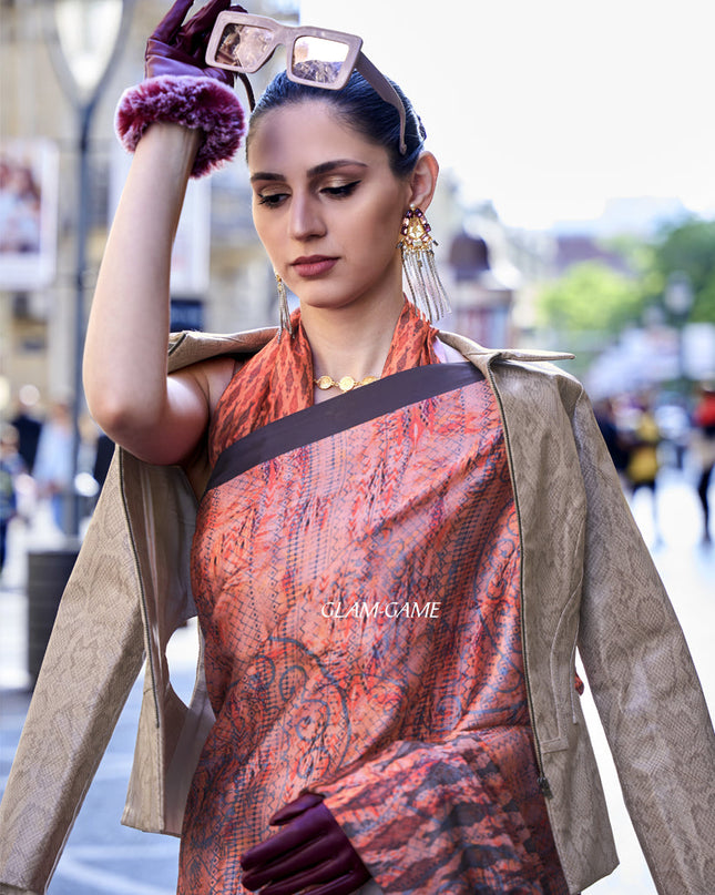 Orange Satin Crepe Printed Saree