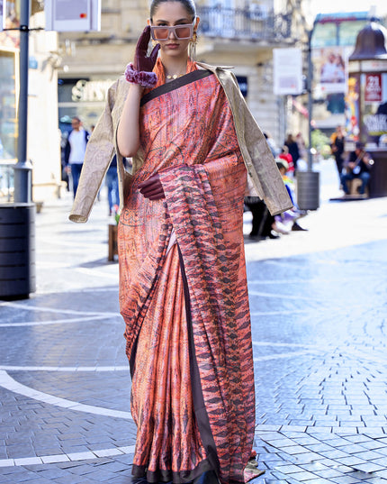 Orange Satin Crepe Printed Saree