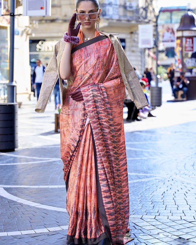 Orange Satin Crepe Printed Saree