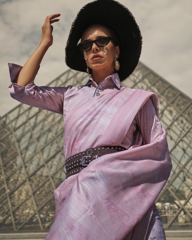 Lilac Pink Silk Handloom Woven Saree