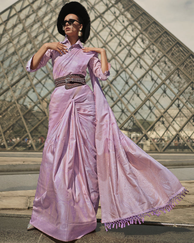 Lilac Pink Silk Handloom Woven Saree