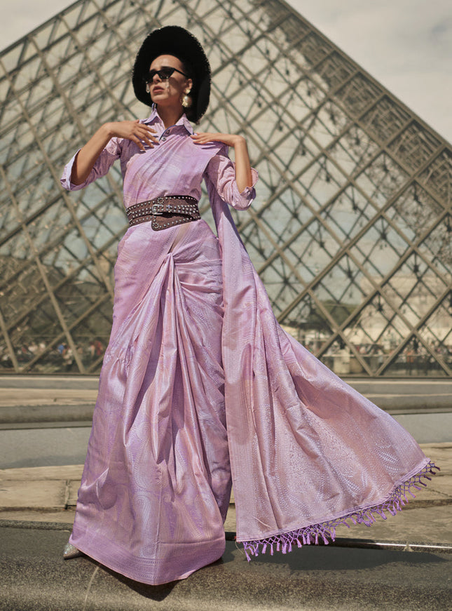 Lilac Pink Silk Handloom Woven Saree