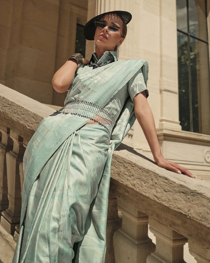 Mint Blue Silk Handloom Woven Saree