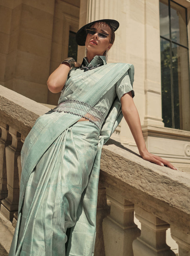 Mint Blue Silk Handloom Woven Saree