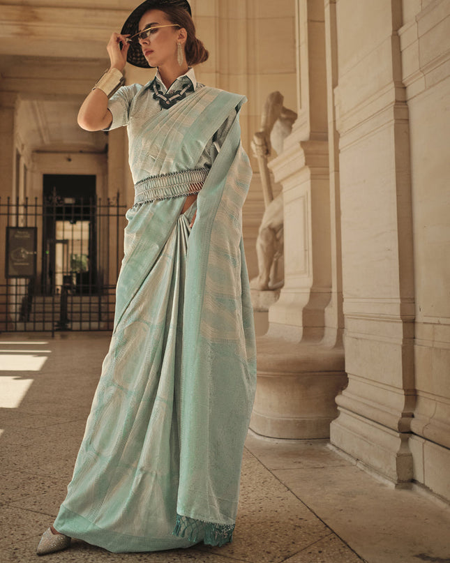 Mint Blue Silk Handloom Woven Saree