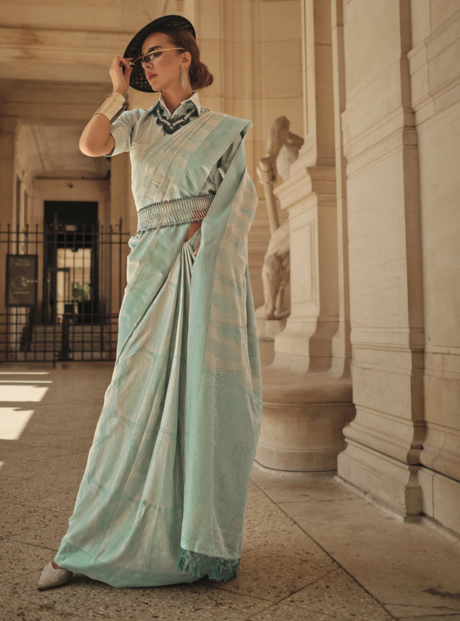 Mint Blue Silk Handloom Woven Saree