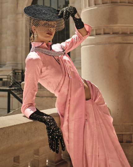 Coral Pink Silk Handloom Woven Saree