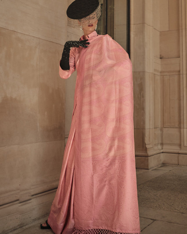 Coral Pink Silk Handloom Woven Saree
