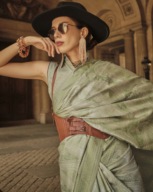 Sage Green Silk Handloom Woven Saree