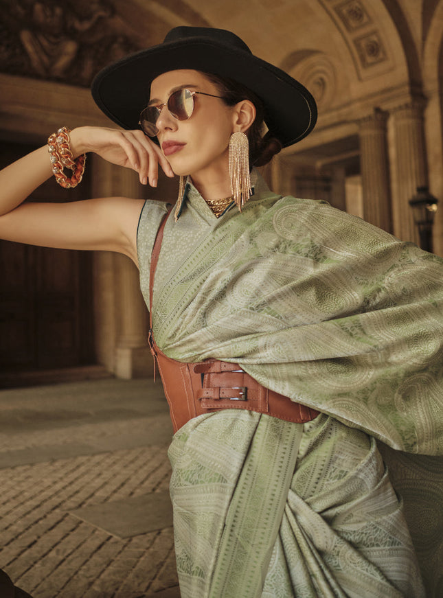 Sage Green Silk Handloom Woven Saree