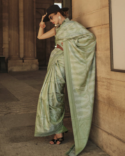 Sage Green Silk Handloom Woven Saree