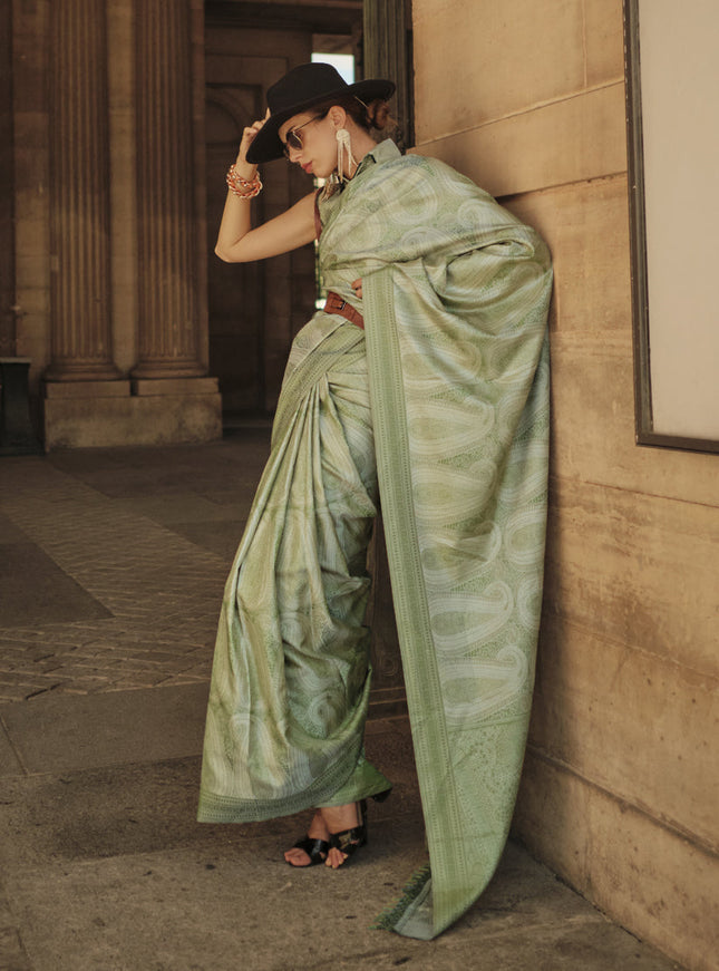 Sage Green Silk Handloom Woven Saree