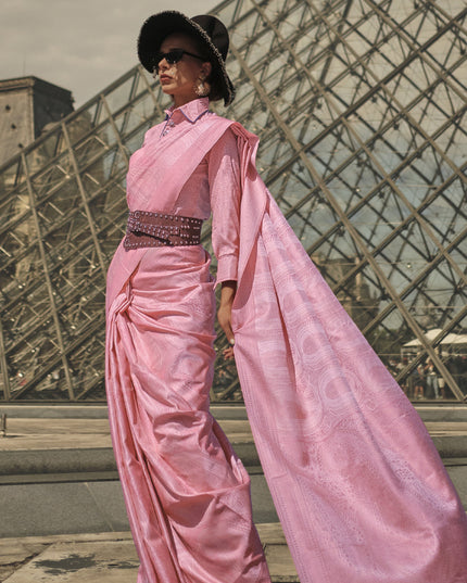 Rose Pink Silk Handloom Woven Saree