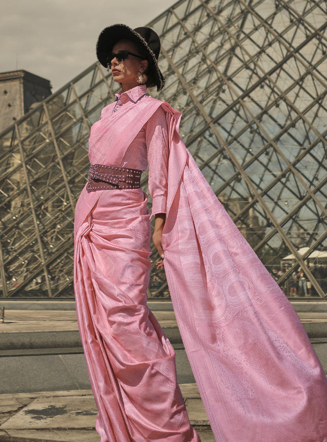 Rose Pink Silk Handloom Woven Saree